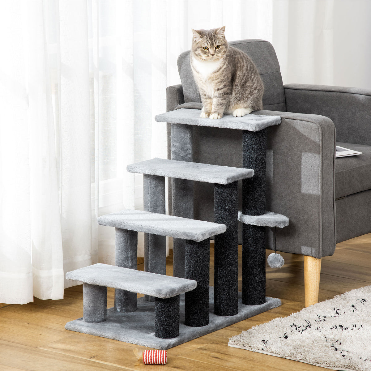 Cat Tree, Cat Tower Cat Stair Steps with Scratching Post, Hanging Play Ball for High Bed, Sofa, Indoor / Outdoor