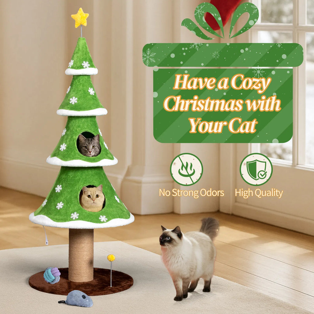 59in Large Tall Christmas Tree Cat Tower with 2 Cat Condos & Scratching Post, Soft Fleece Cat Tree with Teaser Toy & Sturdy Base & Built-in Openings
