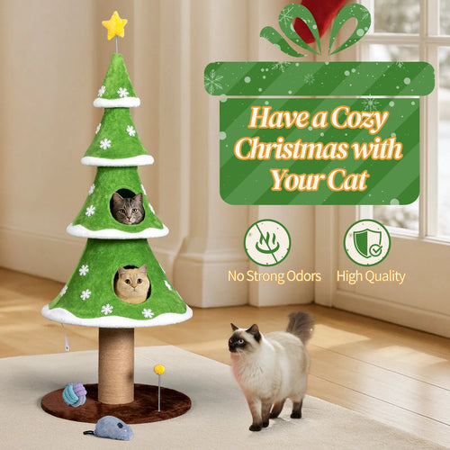 59in Large Tall Christmas Tree Cat Tower with 2 Cat Condos & Scratching Post, Soft Fleece Cat Tree with Teaser Toy & Sturdy Base & Built-in Openings