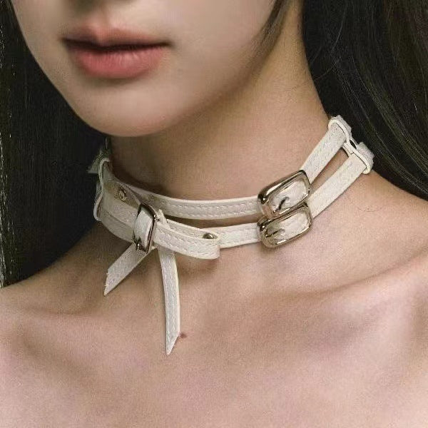 Women's Cool White Bow Leather Necklace
