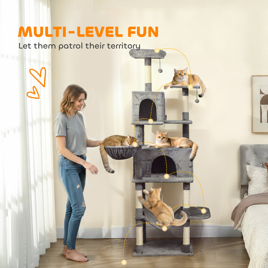 Multi-Level Cat Tower, 80" Tall Cat Tree, with 2 Condos, 2 Hammocks, 6 Sisal Scratching Posts, Dark Gray