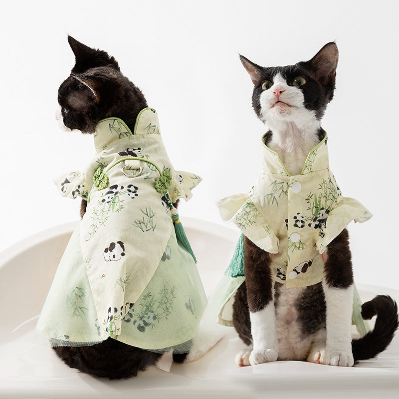 Sphynx Cat Summer Dress With Buckle For Leash Pandas Bamboo Pattern