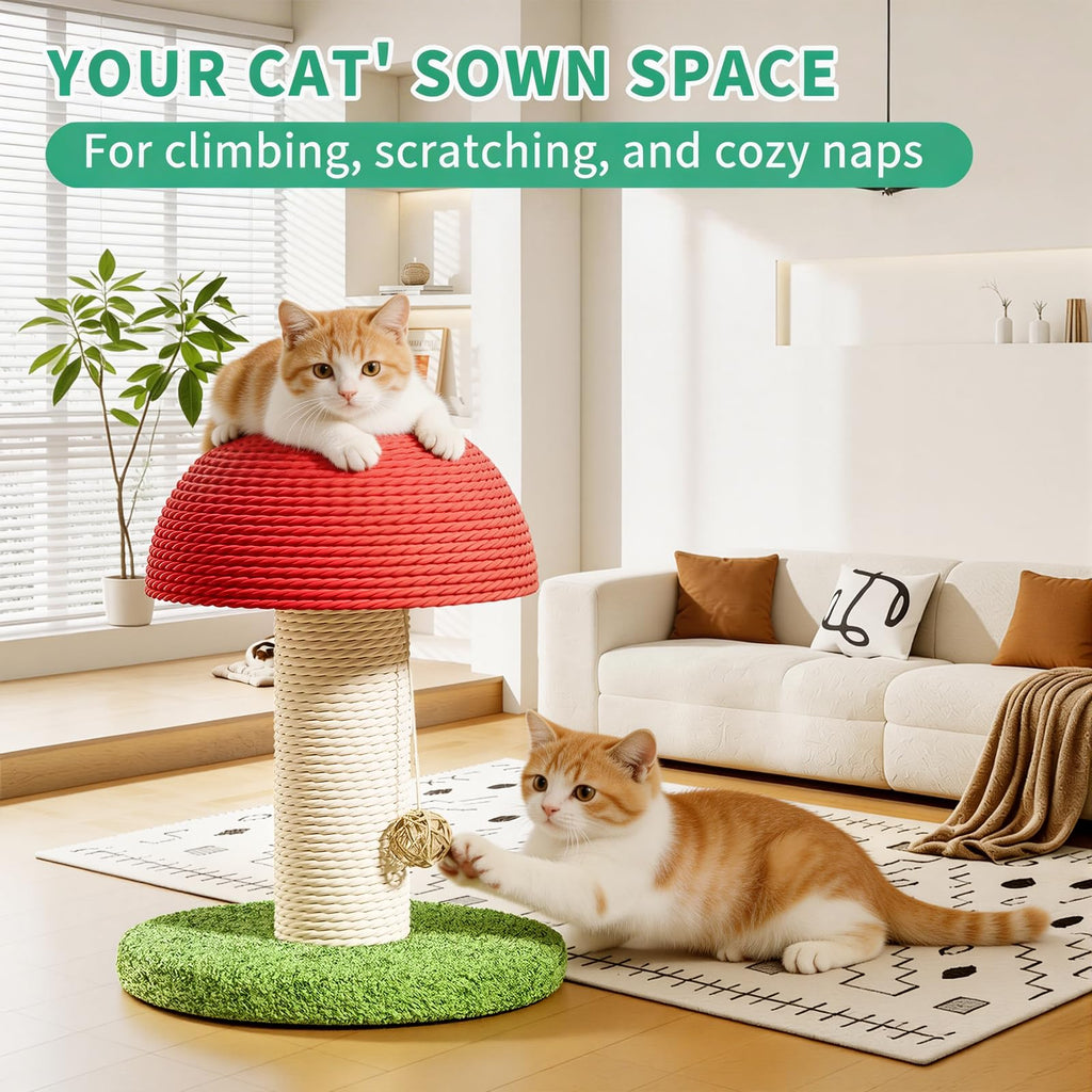 Mushroom Cat Scratching Post 11inch For Kitten & Small Cats, Mini Cat Tree Stable Base, Natural Sisal Scratcher With Hanging Ball, Space Saving Indoor