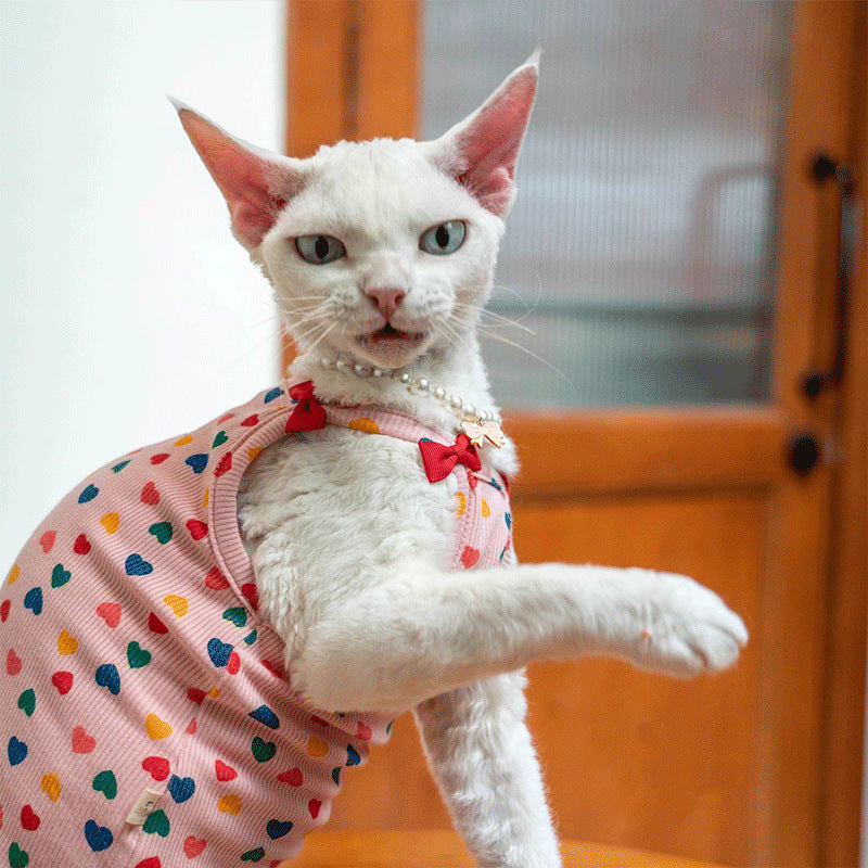 Sphynx Cat Summer Tank T-shirt Hearts Pattern With Bow Accents Stretchy Comfortable Skin-Friendly Clothes For Hairless Cat