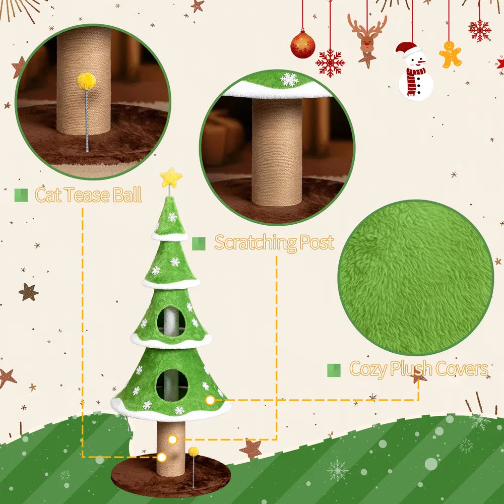 59in Large Tall Christmas Tree Cat Tower with 2 Cat Condos & Scratching Post, Soft Fleece Cat Tree with Teaser Toy & Sturdy Base & Built-in Openings
