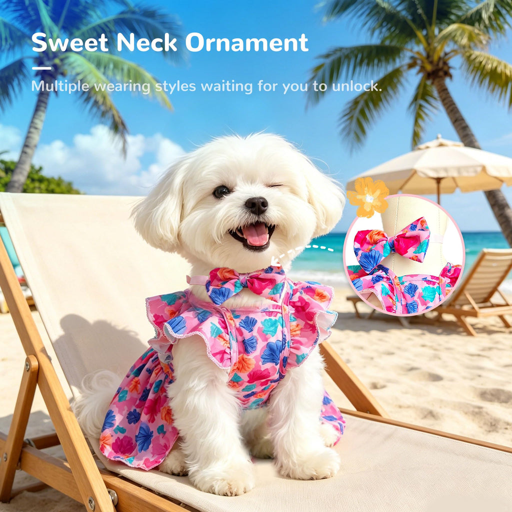 Cute Floral Small Dog Cat Harness Dress Outfits With Bow & Leash D-Ring,Soft Breathable Summer Ruffle Puppy Clothes Girl,3-Way Styling Female Dog