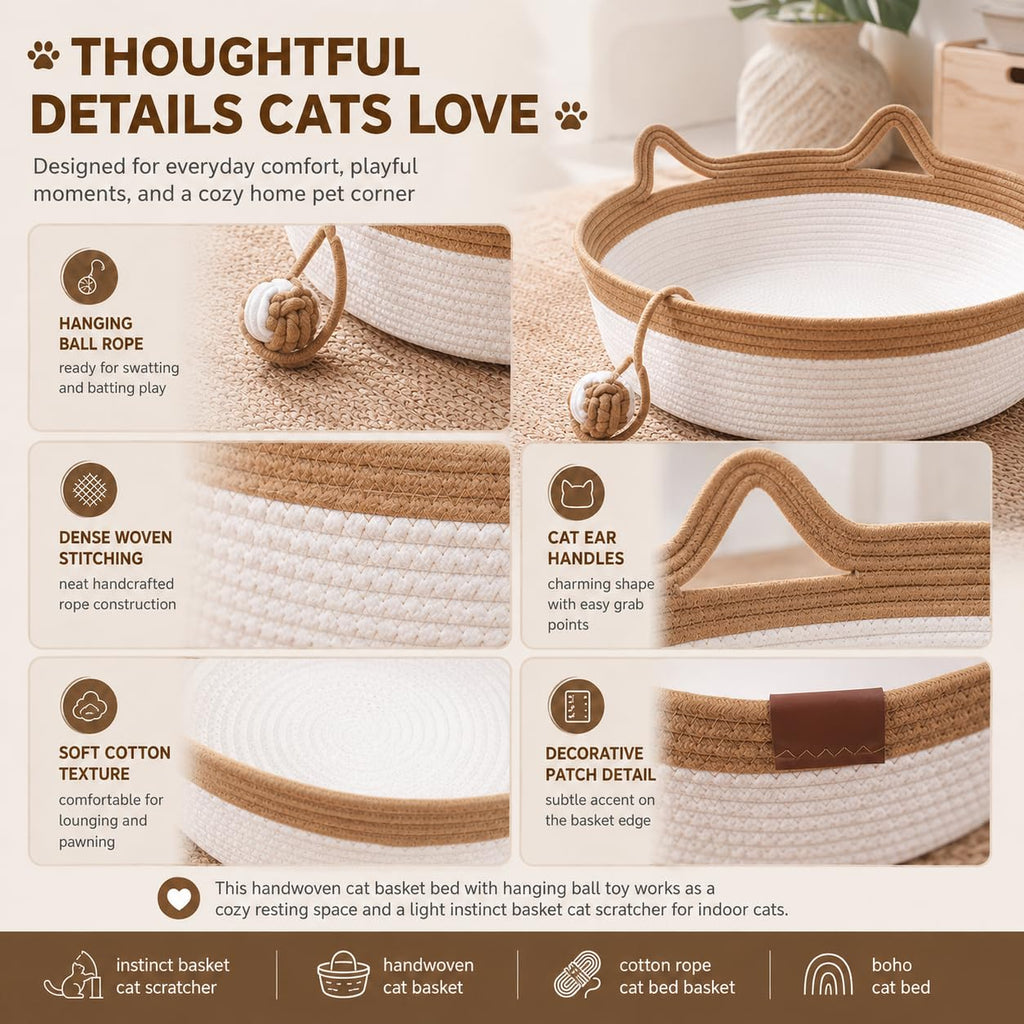 Basket For Cats, 35&40&46cm Stimuli Handwoven Cat Basket Bed With Cat Ear Handles, Cotton Rope Cat Basket Bed Ball Rope, Indoor Use For All Cats