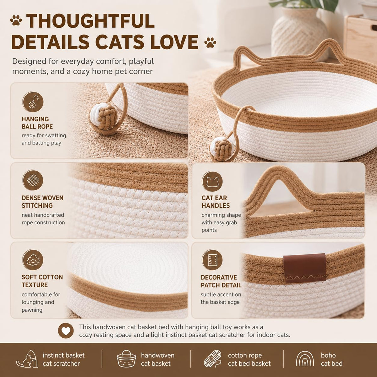 Basket For Cats, 35&40&46cm Stimuli Handwoven Cat Basket Bed With Cat Ear Handles, Cotton Rope Cat Basket Bed Ball Rope, Indoor Use For All Cats