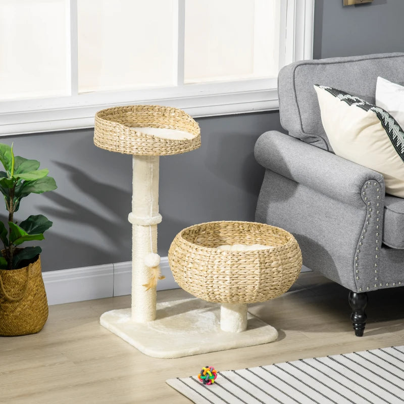 Elevated Cat Bed With Sisal Scratching Post For Indoor Kitties, Modern Cat Tree With Cute Basket Design, Small Cat Tree With Ball Toy