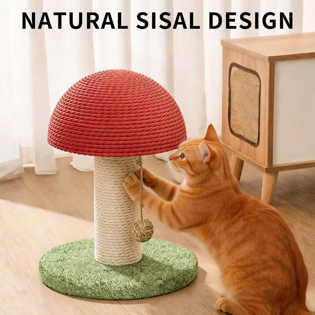 Mushroom Cat Scratching Post 11inch For Kitten & Small Cats, Mini Cat Tree Stable Base, Natural Sisal Scratcher With Hanging Ball, Space Saving Indoor