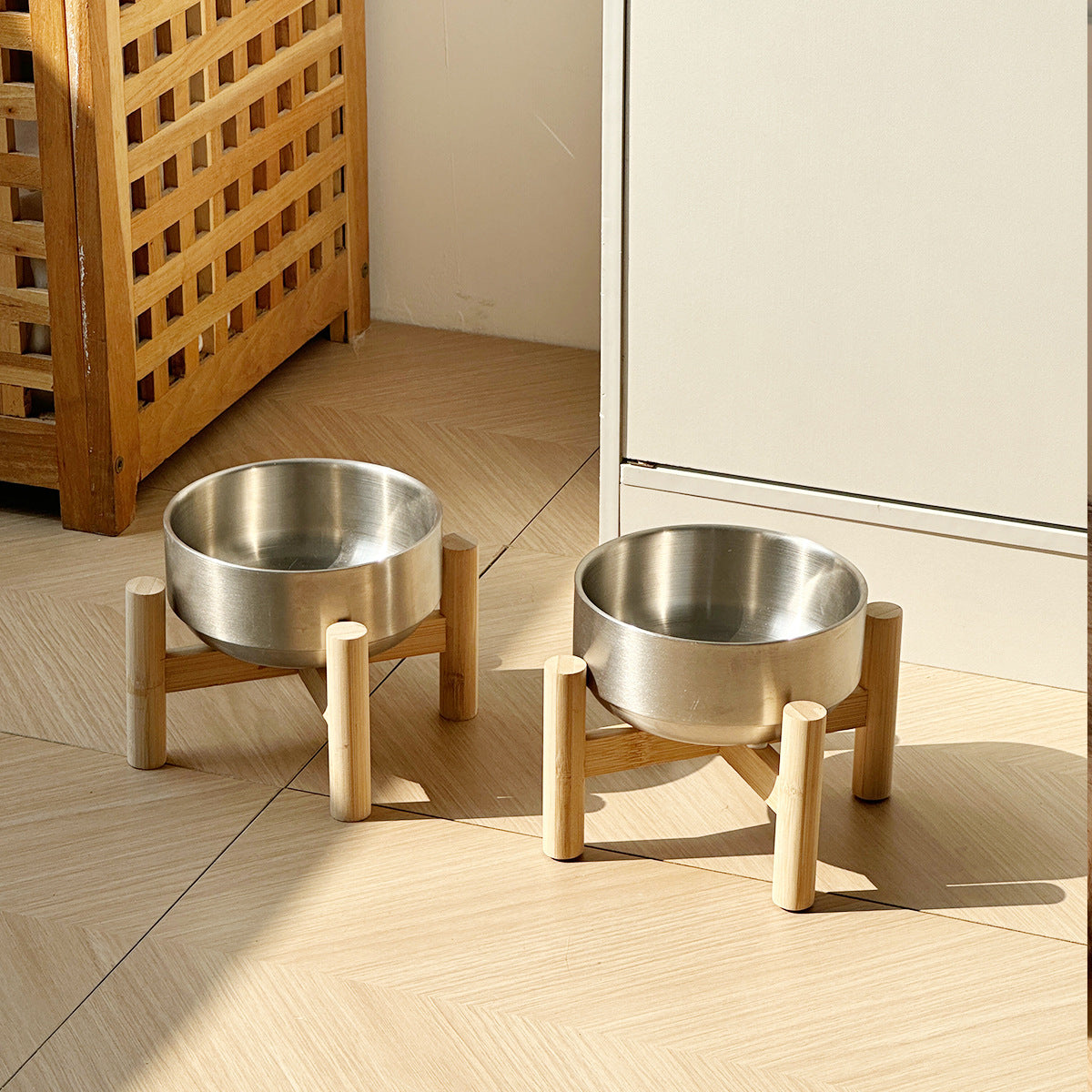 Stainless Steel Cat Bowl On A Raised Wooden Stand To Prevent Tipping