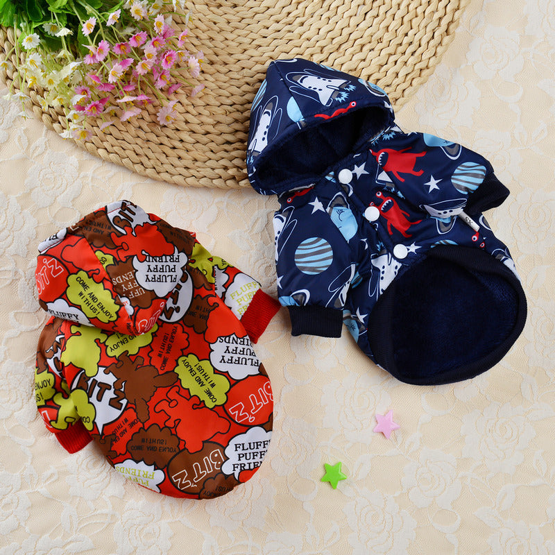 Fashion Cartoon Plus Velvet Windbreaker Small Dog Cat Clothes