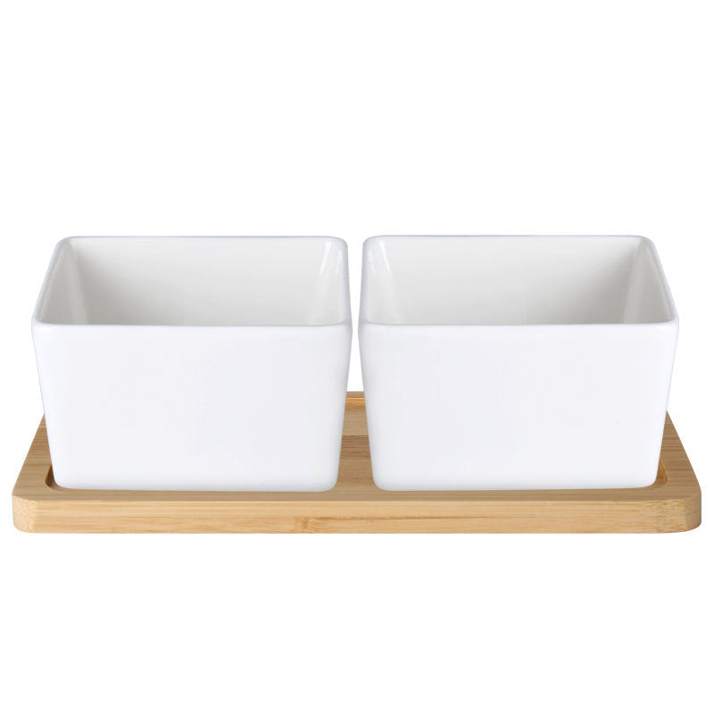 Ceramic pet rice bowl with bamboo frame