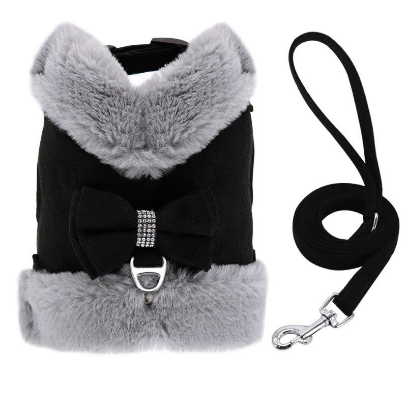 Cute Warm Small Dog Harness And Leash Set With Bow Tie, Soft Padded Puppy Harness With Removable Fur Collar, Adjustable Girl Dog Harness With Quick