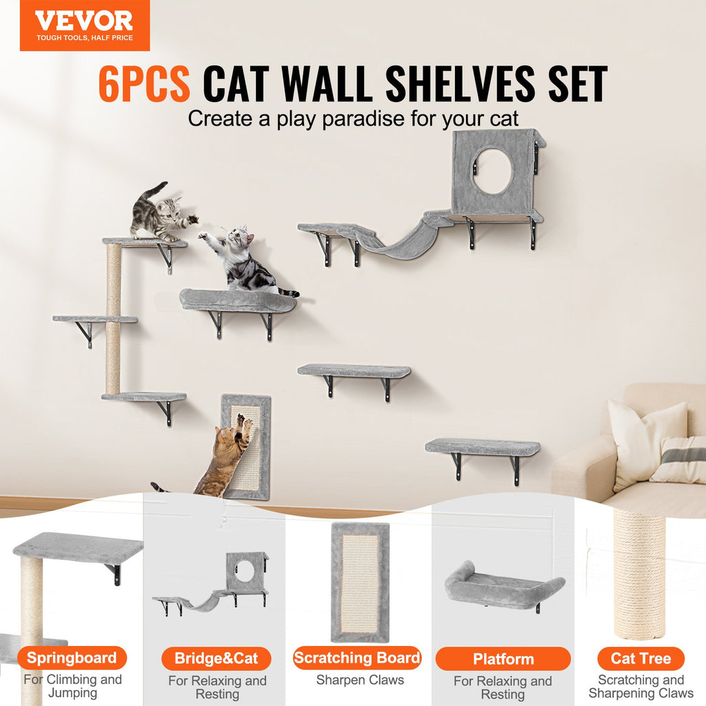 Wall Mounted Cat Shelves Tree With Jump Boards Hammock Sofa Grip Set Of