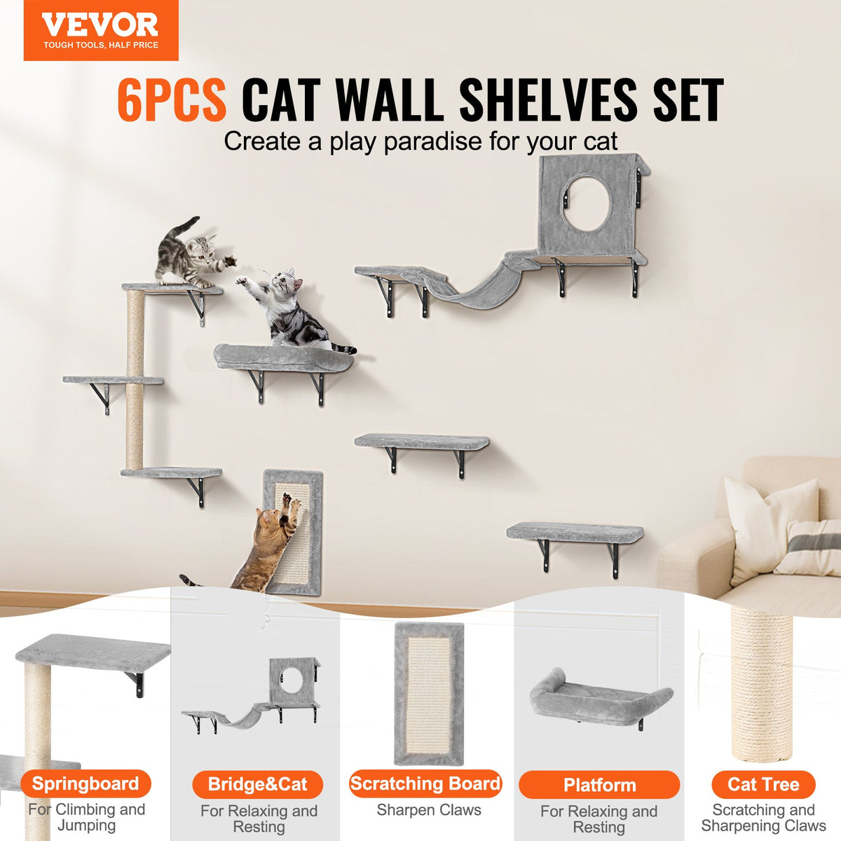 Wall Mounted Cat Shelves Tree With Jump Boards Hammock Sofa Grip Set Of