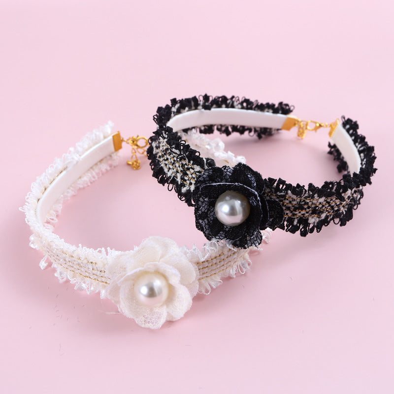 Hand-Woven Small Fragrant Wind Camellia Pu Adjustable Cat Fairy Collar Bell Pearl Flower Pet Bib
