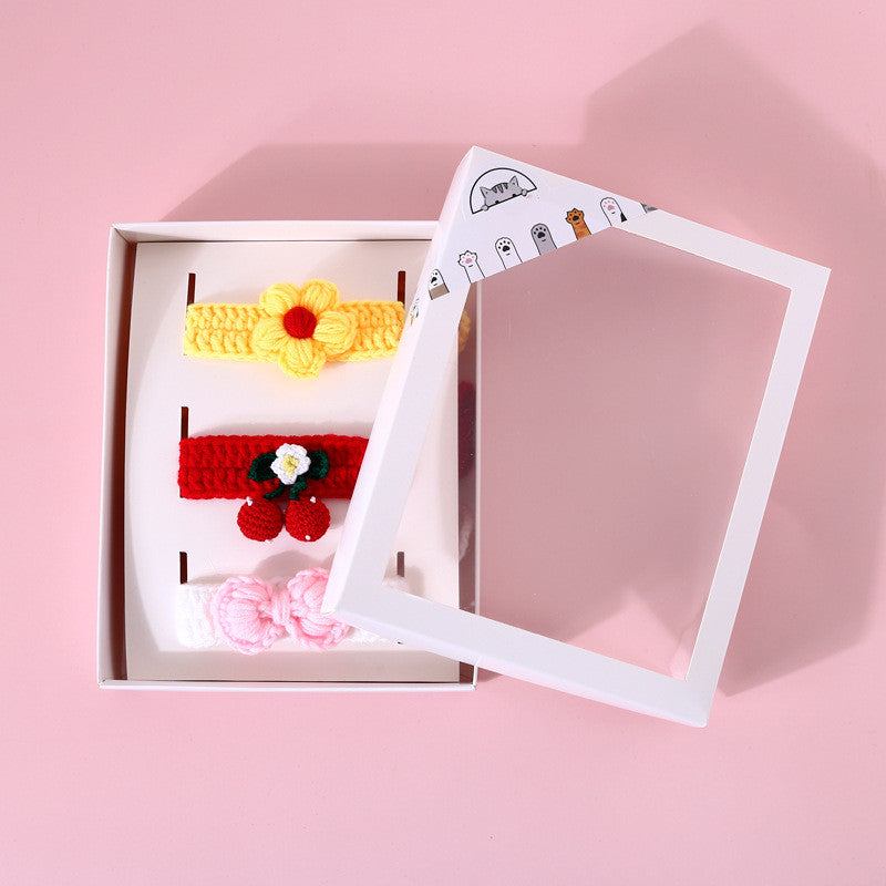 Pet Hand Knitted Wool Cherry Flower Bow Adjustable Cat Dog Cole Duck Collar Accessories Gift Box
