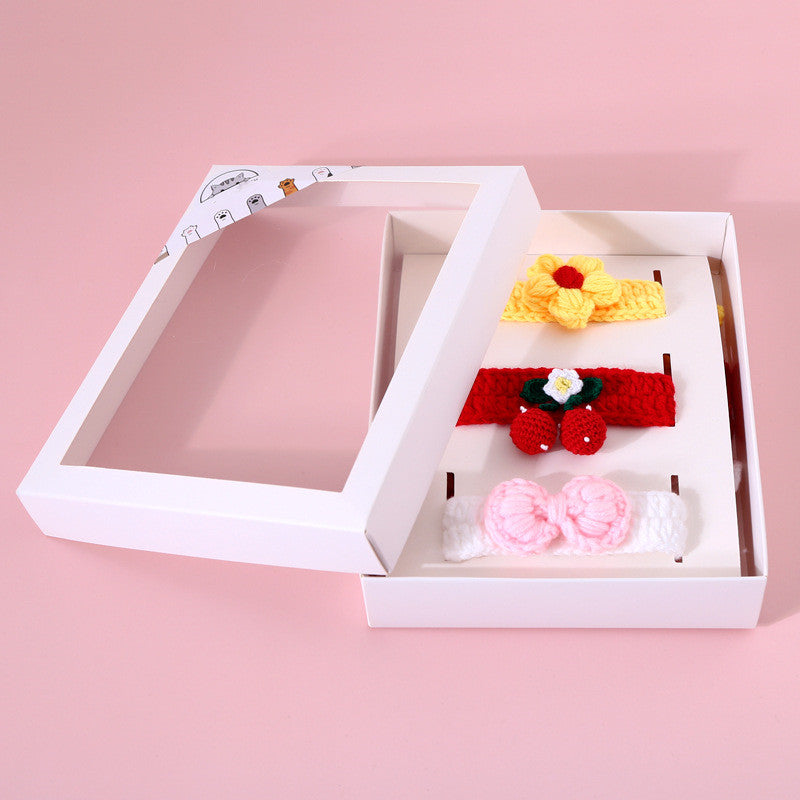 Pet Hand Knitted Wool Cherry Flower Bow Adjustable Cat Dog Cole Duck Collar Accessories Gift Box