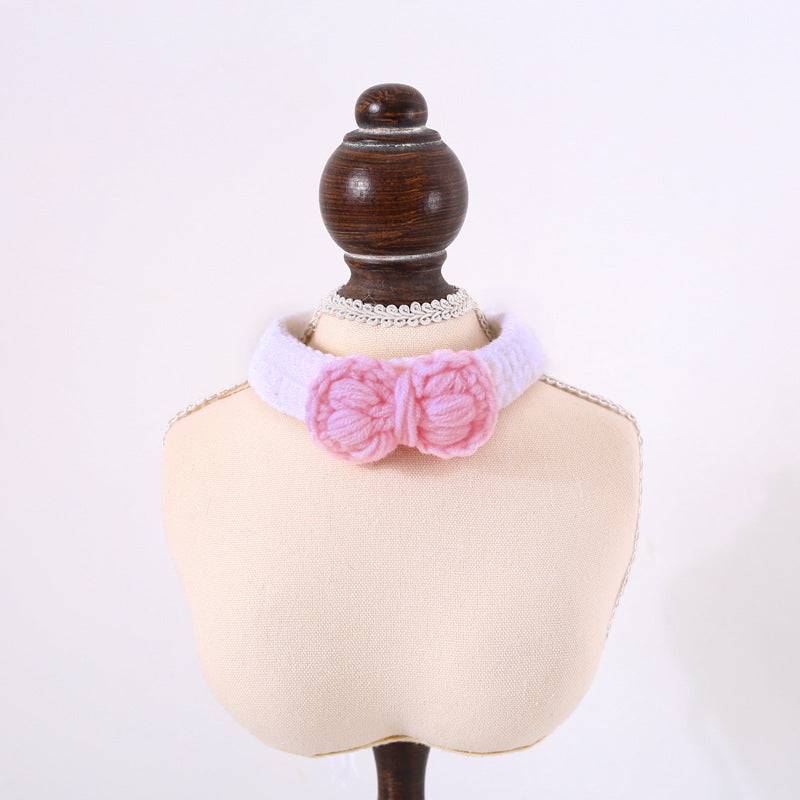 Pet Hand Knitted Wool Cherry Flower Bow Adjustable Cat Dog Cole Duck Collar Accessories Gift Box