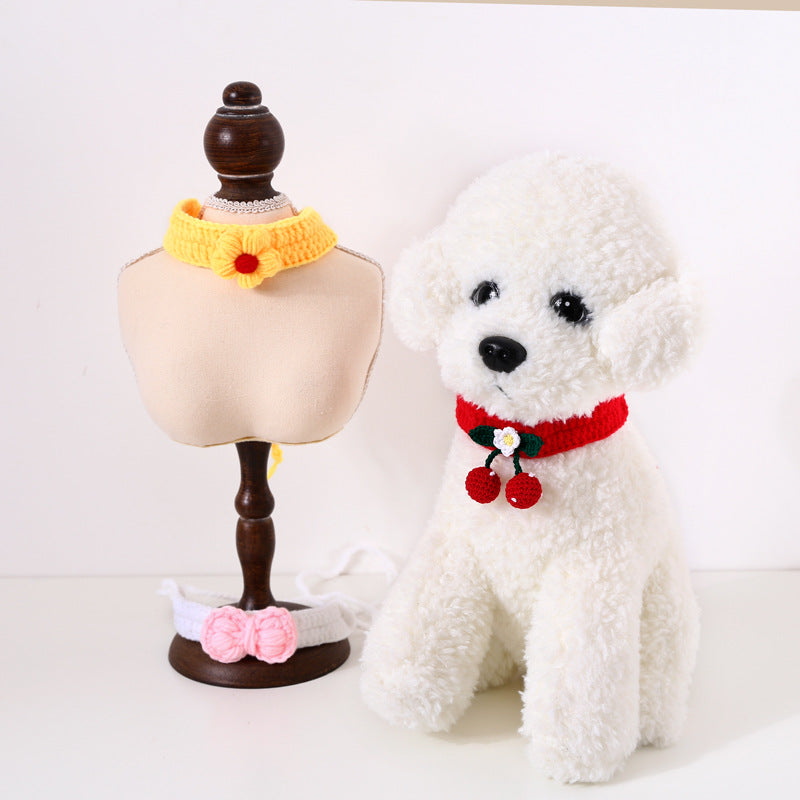 Pet Hand Knitted Wool Cherry Flower Bow Adjustable Cat Dog Cole Duck Collar Accessories Gift Box