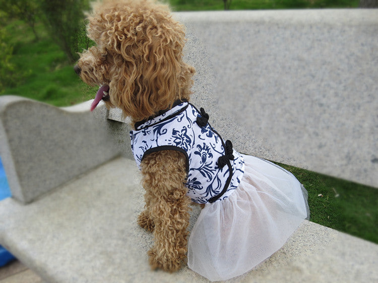 Pet Spring And Summer New Dog Clothes Cotton And Linen Blue And White Porcelain Cheongsam Skirt