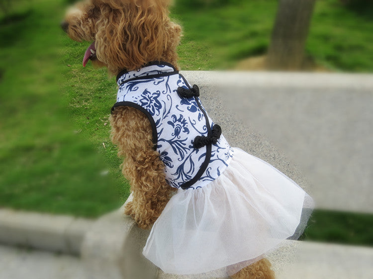 Pet Spring And Summer New Dog Clothes Cotton And Linen Blue And White Porcelain Cheongsam Skirt