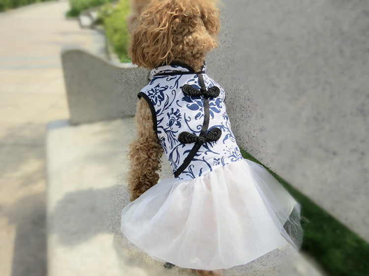 Pet Spring And Summer New Dog Clothes Cotton And Linen Blue And White Porcelain Cheongsam Skirt