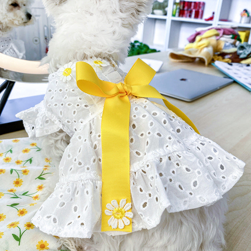 New Pet Dog Clothes Daisy Flower Skirt Hollow Bow Princess Dog Skirt