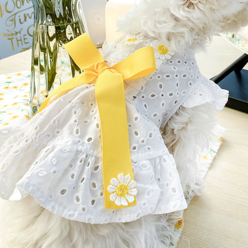 New Pet Dog Clothes Daisy Flower Skirt Hollow Bow Princess Dog Skirt