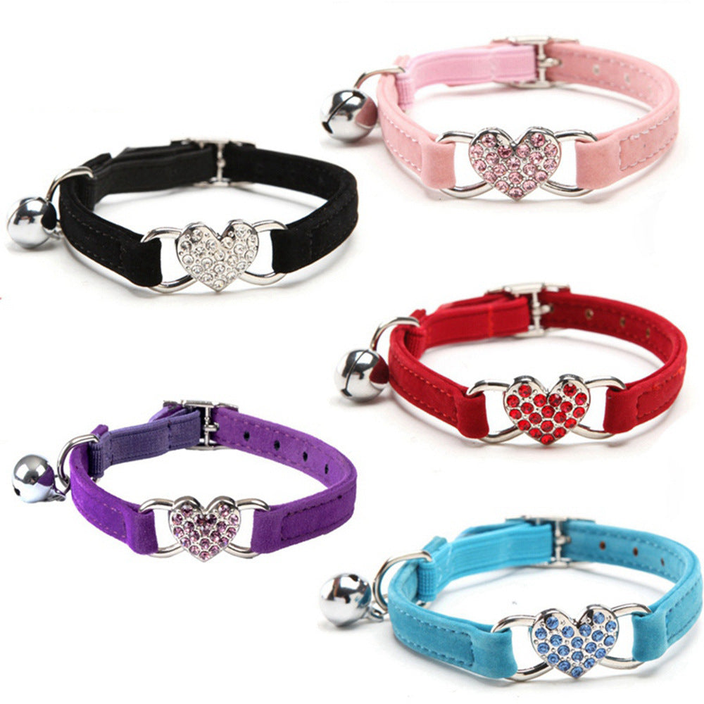 Pet Puppy Cat Collar Water Diamond Love Half Fold Plush Fabric Bell Elastic Collar