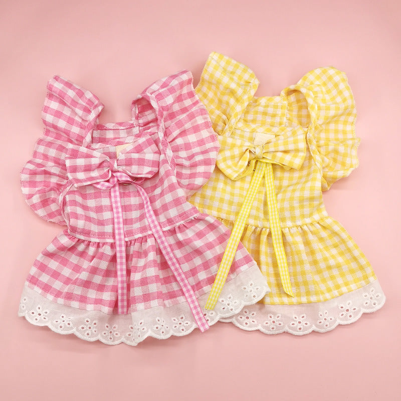 Pet Flying Shoulder Sleeve Plaid Lace Dog Skirt