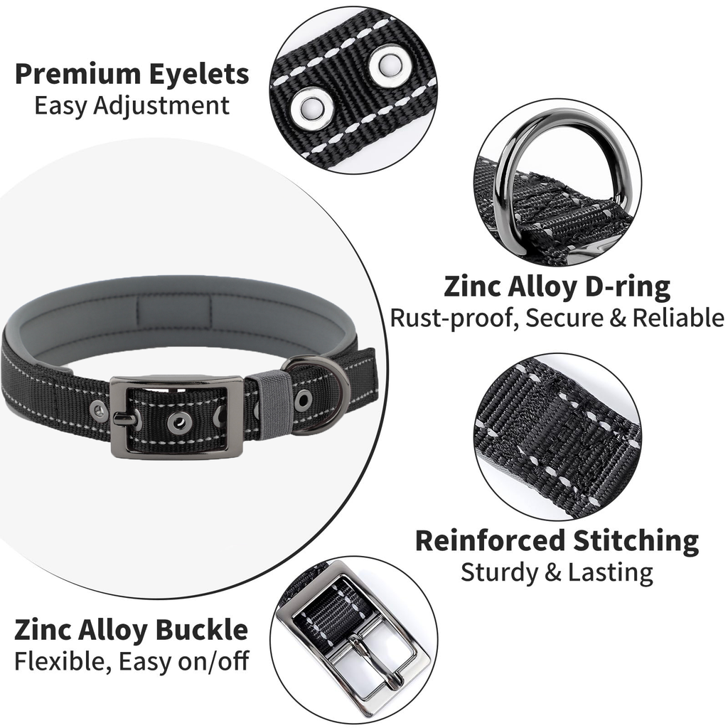 Reflective Dog Collar For Medium Dogs, Adjustable Wide Soft Comfortable Breathable Neoprene Padded Nylon Collar With Heavy Duty Metal Buckle For