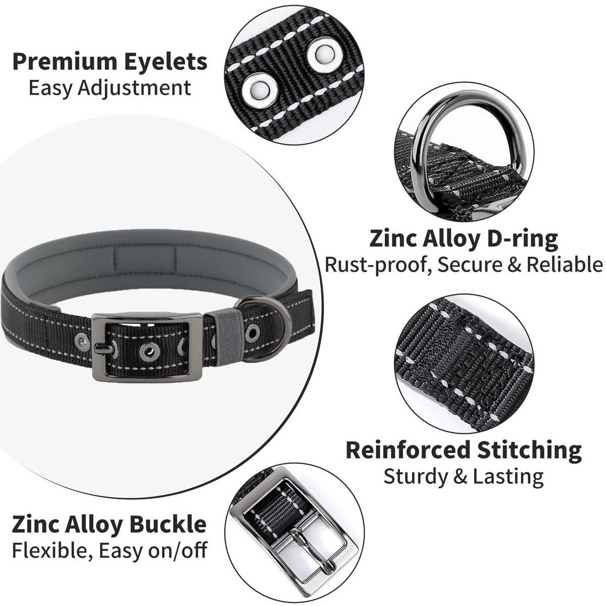 Reflective Dog Collar For Medium Dogs, Adjustable Wide Soft Comfortable Breathable Neoprene Padded Nylon Collar With Heavy Duty Metal Buckle For