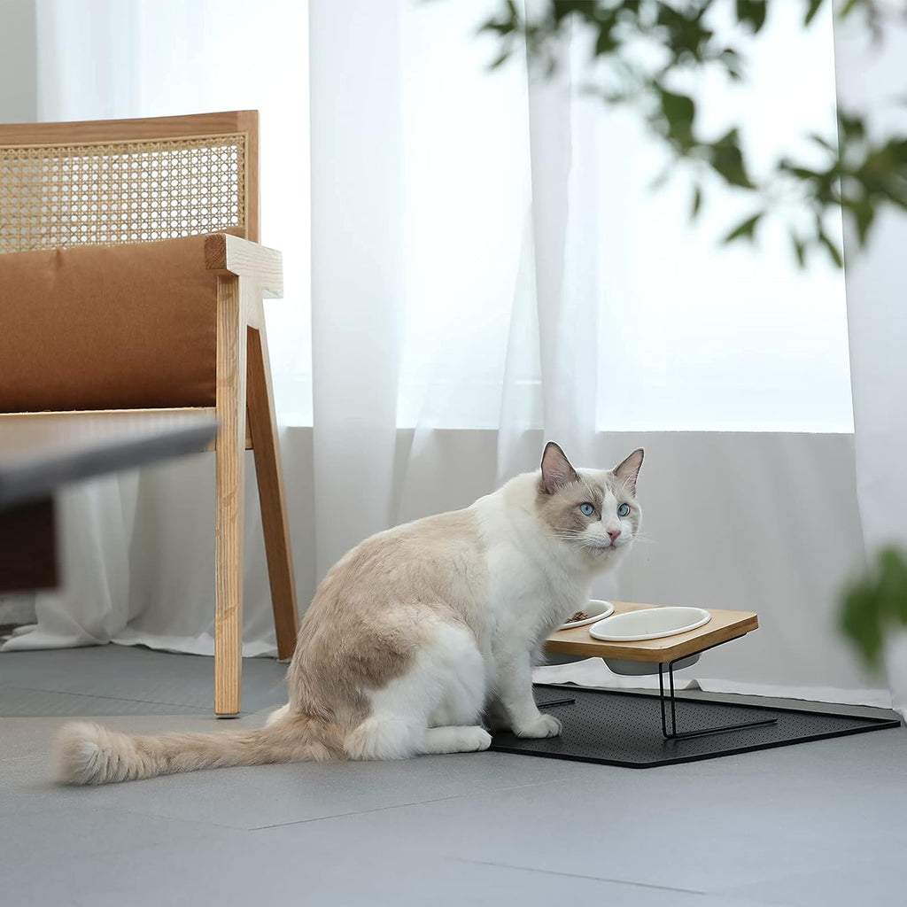 Small Dog Water And Food Feeder - Tilted Ceramic Bowl Set With Bamboo Stand