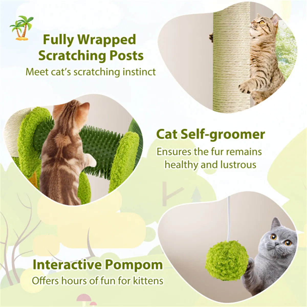 Cat Tree - 22LBS Capacity, Palm Tree Design with Self-Groomer & Scratching Posts