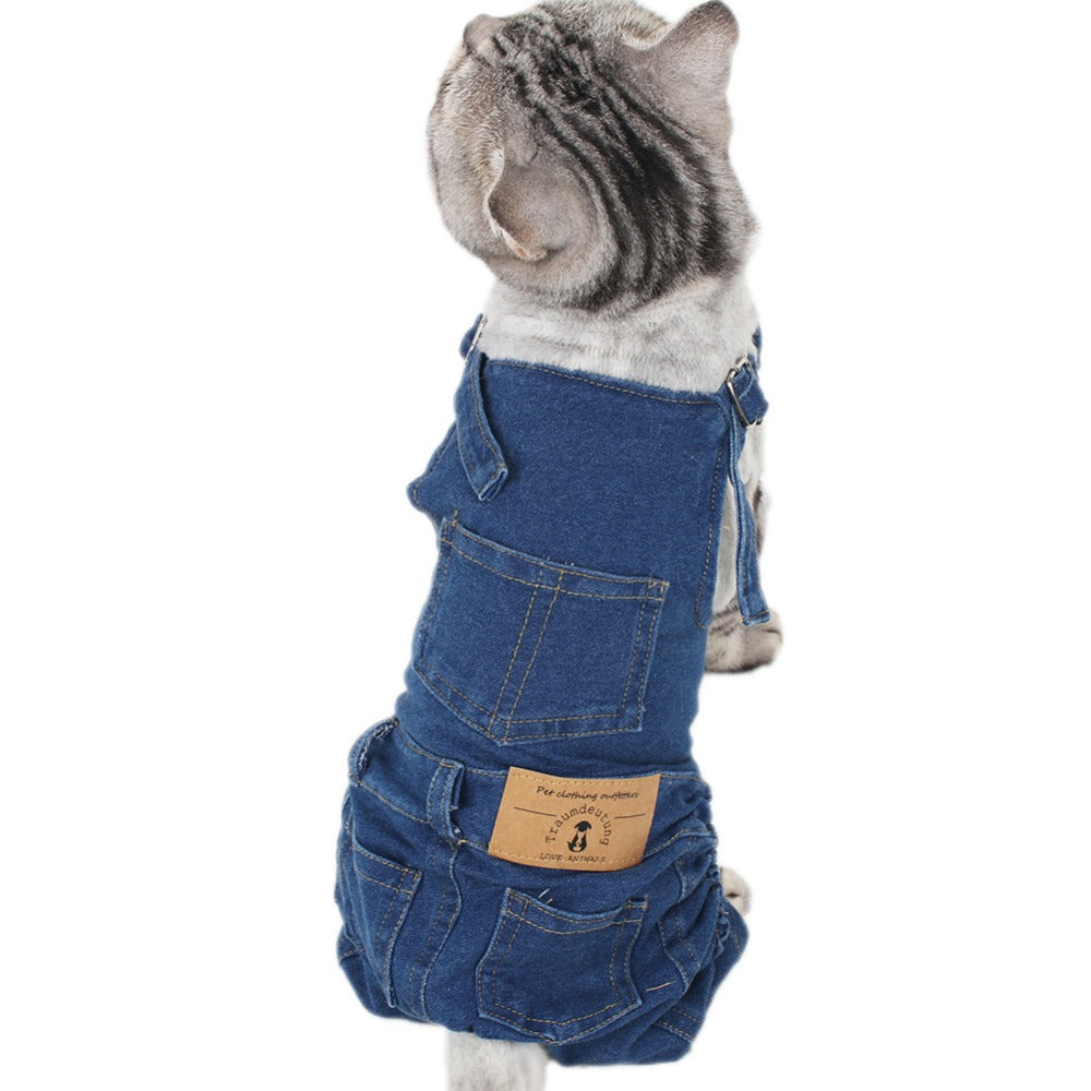 Washed denim pet overalls