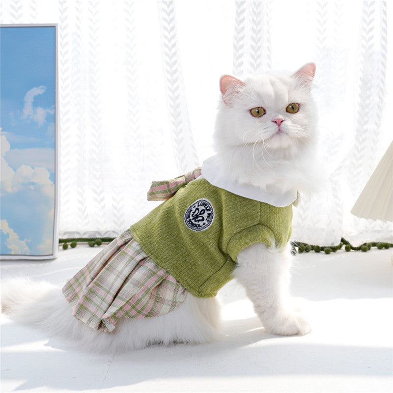 College Style Dog Dress For Small Dogs, Plaid Skirt, Pink,Blue,Green, Spring Dog Clothes, Cat, Chihuahua