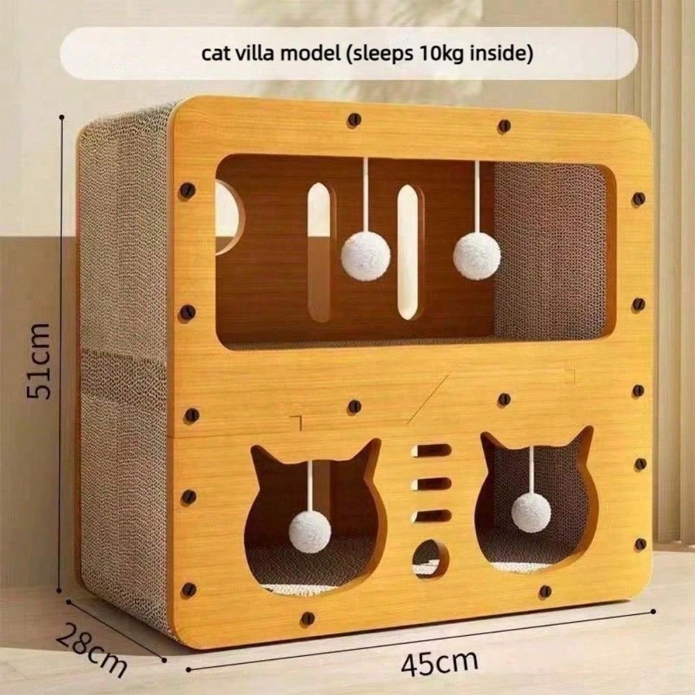 2 Styles Double Layer Cat Scratcher House Multifunctional Corrugated Paper Cat Nest Villa Large Space Cat Cave Bed With Hanging Ball Toy Wear
