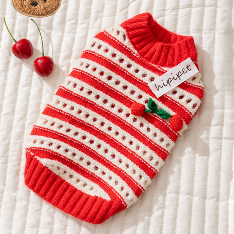 Autumn And Winter Dog Clothing, Warm, Hollowed-out Knitted Cherry Small Dog, Teddy Bichon, Cat Sweater, Pet Clothing
