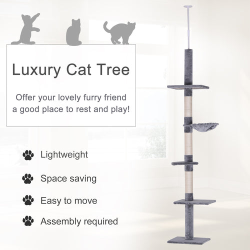 102" Adjustable Height Floor to Ceiling Cat Tree, 5 Level Cat Tower with Scratching Posts, Hammock, Gray