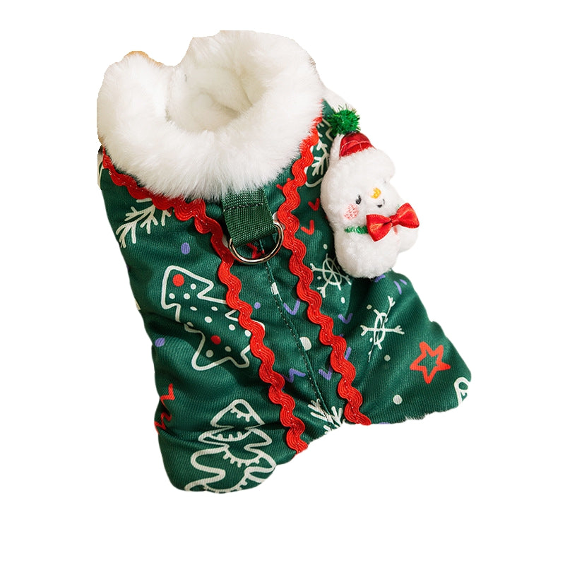 Christmas Dog Shirt With Snowman Patch, Warm Plush Pet Winter Clothes For Small Dogs, Green Holiday T-Shirt With Christmas Tree Print And D-Ring