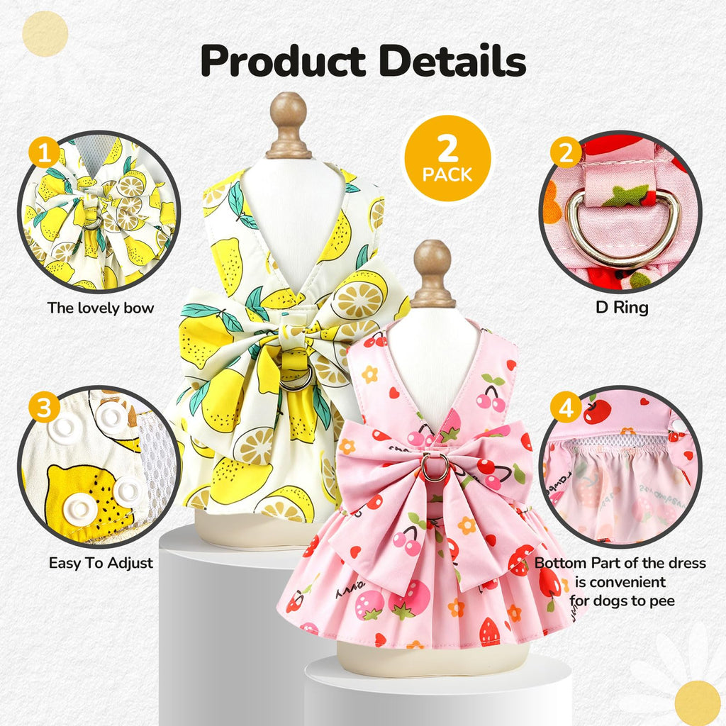 2Pack Small Dog Harness Dress For Girl Puppy Cat Dress With Flower Pattern Bow Adjustable Breathable Lining Back D-Ring Cute Outfits For Small Puppy