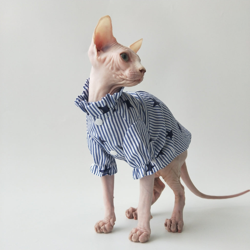 Sphynx Cat Cotton Shirt With Tie Blue Striped With Stars Pattern