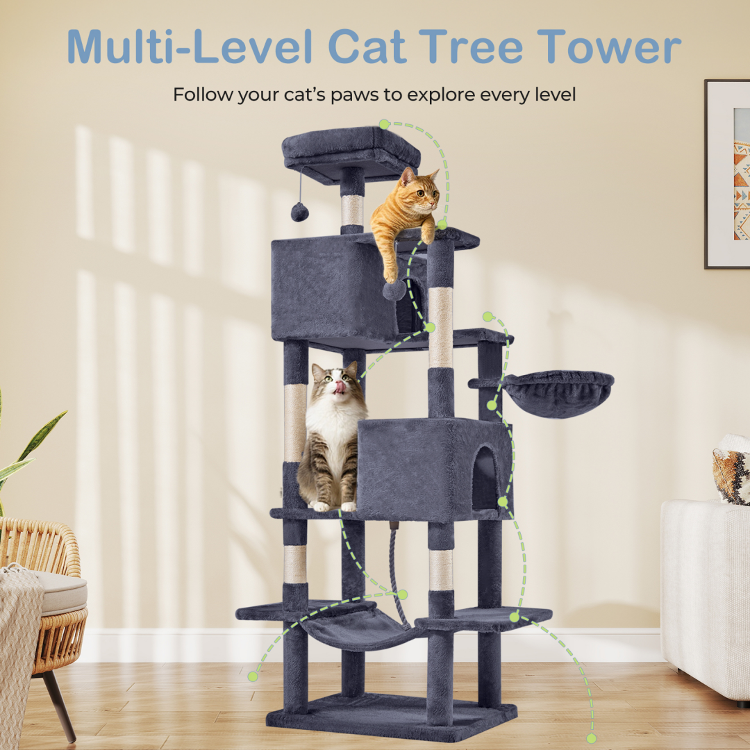66 Inch Cat Tree Tower, Large Multi-Cat Climbing Extended Platform, Hammock, Pet House For Indoor Cats And Kittens Play