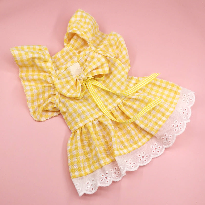 Pet Flying Shoulder Sleeve Plaid Lace Dog Skirt