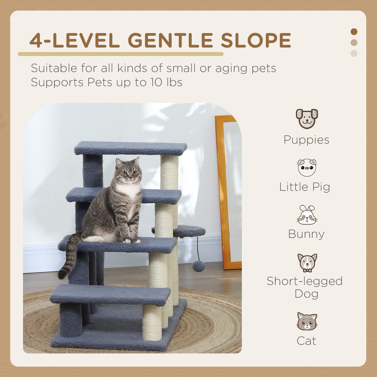 4 Levels Cat Steps with Scratching Posts for High Bed, Sofa, Gray
