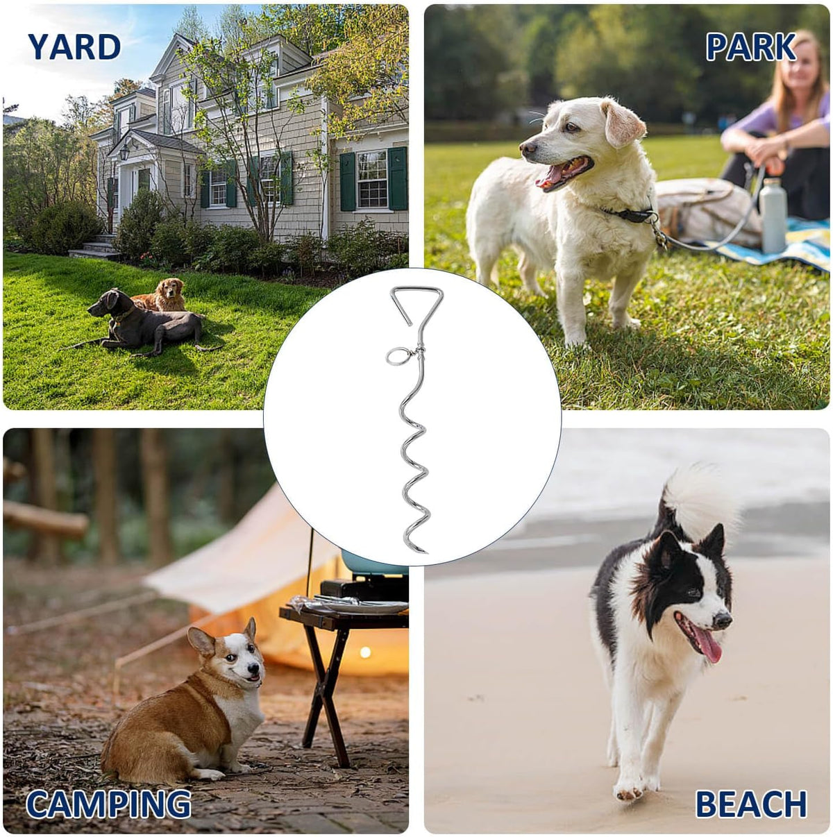 Dog Tie Out Stake Durable Silver Spiral Anchorstake Secure Outdoor Tethering For All Cable Leash Chain Camping Yard Rust Resistant Easy Installation