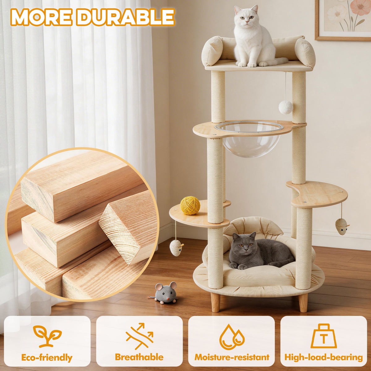 Modern Heavy-Duty No-Drill 4-Tier Solid Wood Cat Tree- 45.7in Multi-Cat Tower With Cozy Bed, Capsule & Extra Wide Perch