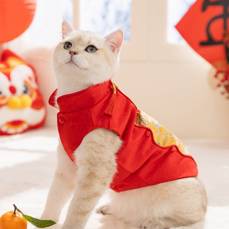 Warm Chinese Plum Blossom Patterned Tang Suit, Button-up Vest, Small Dog Teddy Pet Clothes For Cats In Autumn And Winter